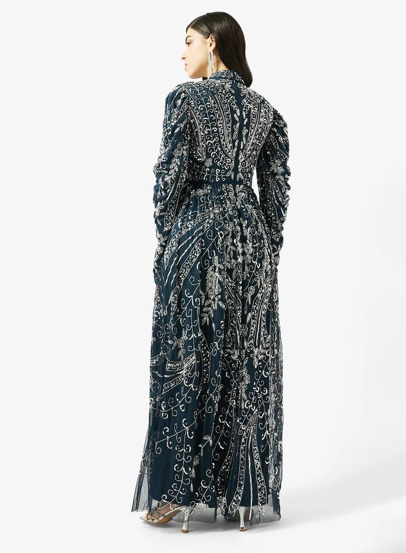 ماري فستان ماكسي بياقة عالية مرصع بالترتر